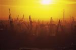 Foto, Bild: Blick über Elbe und Hafen mit seinen Kränen abends