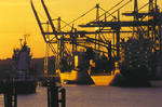 Foto, Bild: Containerschiffe am HHLA Container Terminal Burchardkai Hafen Hamburg im Abendlicht