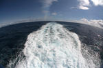 Hecksee (Fahrwasser, Kielwasser, Heckwelle) mit einem Fisheye-Objektiv fotografiert (symbolische Erdrundung)