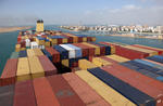 Foto, Bild: Suezkanal, Sueskanal (Suez Canal), Blick zur Einfahrt in den Suezkanal bei Suez von einem Grocontainerschiff aus